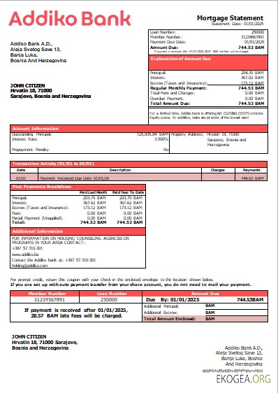 Bosnie , Herzégovine Addiko Bank relevé hypothécaire scr
